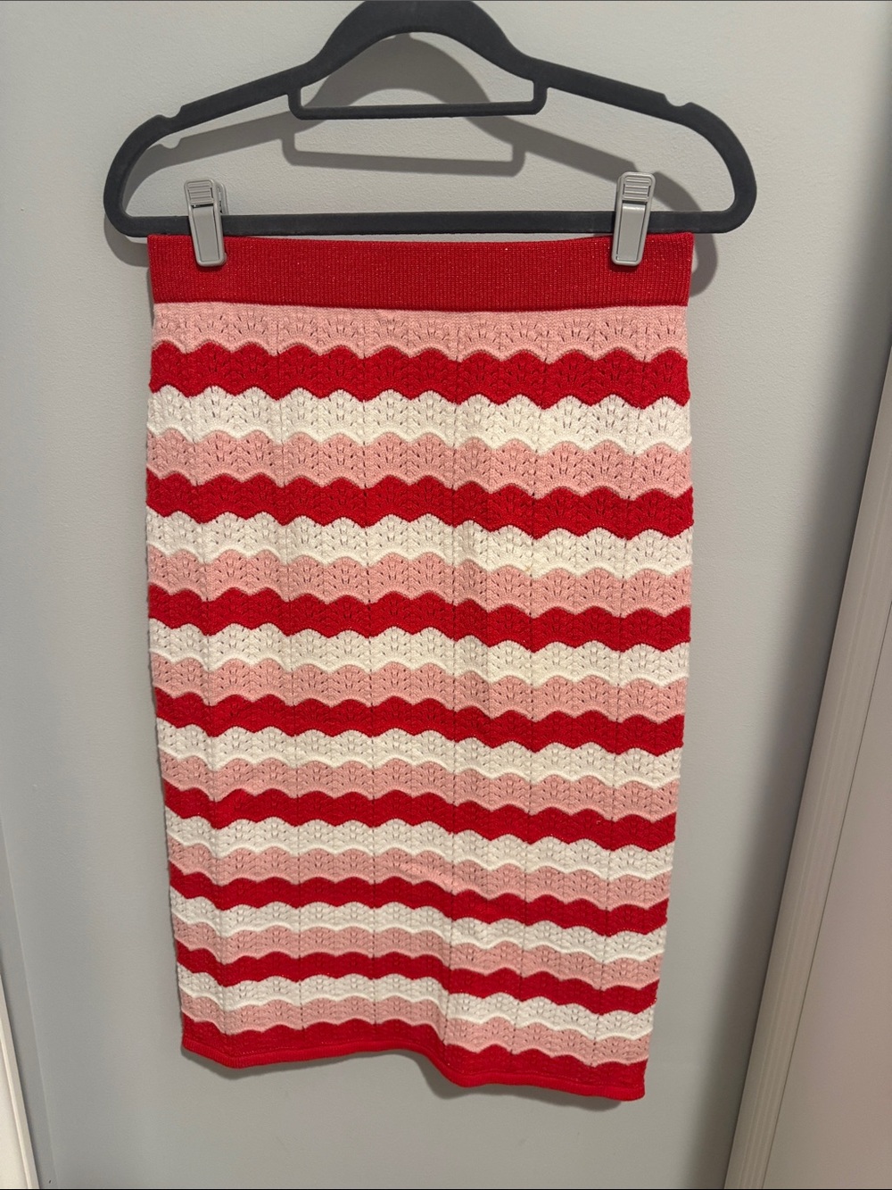 Milly Red, Pink & White Scalloped Stripe Pencil Skirt
